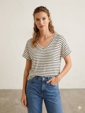 MNG - Striped V-Neck Short Sleeve Top - Cream/Black